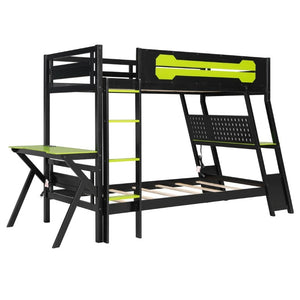 English Elm Twin Gaming Bunk Bed with Dual Desks USB Charging Ports and Pegboard Storage Green LT000273AAG