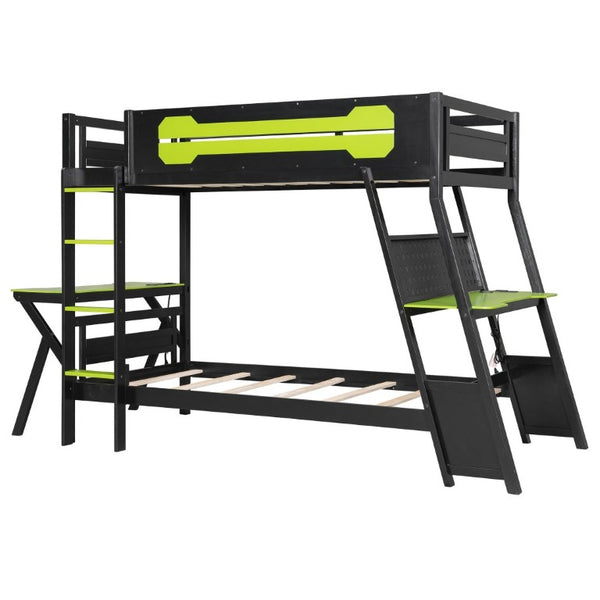 English Elm Twin Gaming Bunk Bed with Dual Desks USB Charging Ports and Pegboard Storage Green LT000273AAG