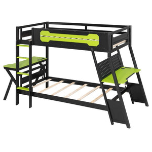 English Elm Twin Gaming Bunk Bed with Dual Desks USB Charging Ports and Pegboard Storage Green LT000273AAG