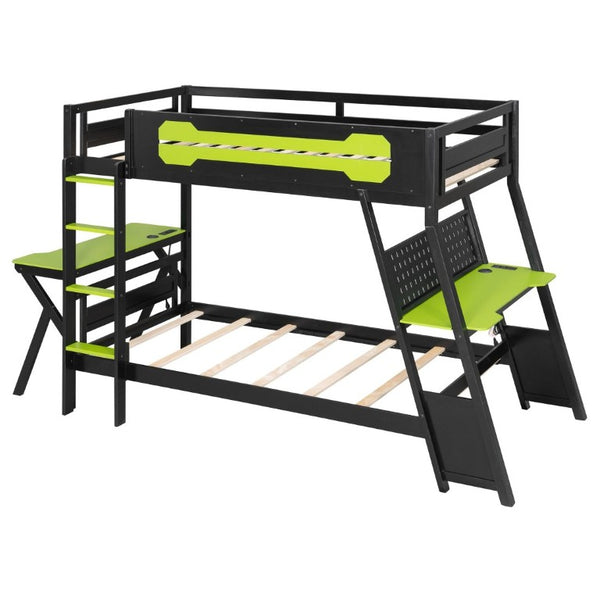 English Elm Twin Gaming Bunk Bed with Dual Desks USB Charging Ports and Pegboard Storage Green LT000273AAG
