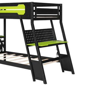 English Elm Twin Gaming Bunk Bed with Dual Desks USB Charging Ports and Pegboard Storage Green LT000273AAG