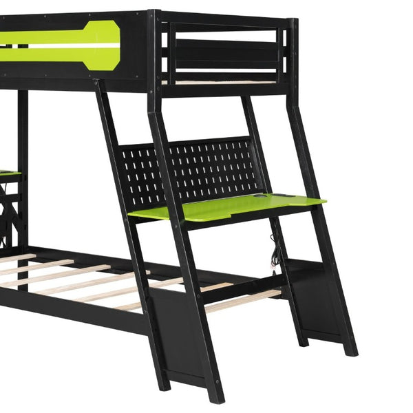 English Elm Twin Gaming Bunk Bed with Dual Desks USB Charging Ports and Pegboard Storage Green LT000273AAG