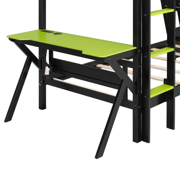 English Elm Twin Gaming Bunk Bed with Dual Desks USB Charging Ports and Pegboard Storage Green LT000273AAG