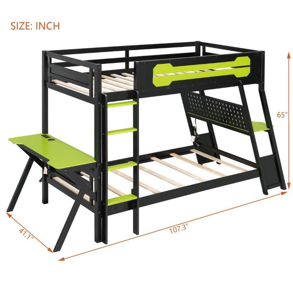 English Elm Twin Gaming Bunk Bed with Dual Desks USB Charging Ports and Pegboard Storage Green LT000273AAG