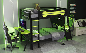 English Elm Twin Gaming Bunk Bed with Dual Desks USB Charging Ports and Pegboard Storage Green LT000273AAG