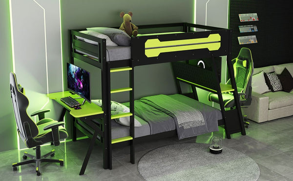 English Elm Twin Gaming Bunk Bed with Dual Desks USB Charging Ports and Pegboard Storage Green LT000273AAG