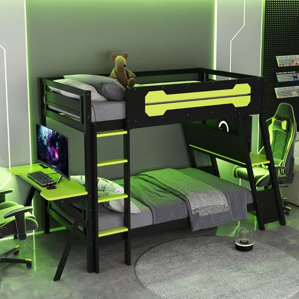 English Elm Twin Gaming Bunk Bed with Dual Desks USB Charging Ports and Pegboard Storage Green LT000273AAG