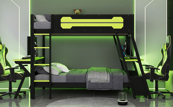 English Elm Twin Gaming Bunk Bed with Dual Desks USB Charging Ports and Pegboard Storage Green LT000273AAG
