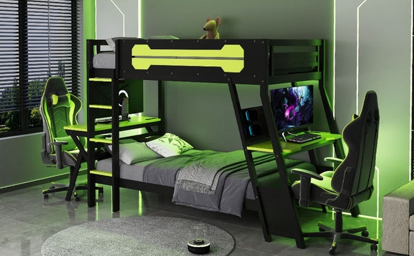 English Elm Twin Gaming Bunk Bed with Dual Desks USB Charging Ports and Pegboard Storage Green LT000273AAG