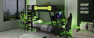 English Elm Twin Gaming Bunk Bed with Dual Desks USB Charging Ports and Pegboard Storage Green LT000273AAG