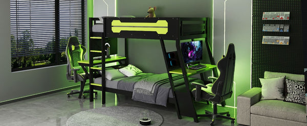 English Elm Twin Gaming Bunk Bed with Dual Desks USB Charging Ports and Pegboard Storage Green LT000273AAG