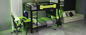 English Elm Twin Gaming Bunk Bed with Dual Desks USB Charging Ports and Pegboard Storage Green LT000273AAG
