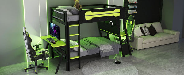 English Elm Twin Gaming Bunk Bed with Dual Desks USB Charging Ports and Pegboard Storage Green LT000273AAG