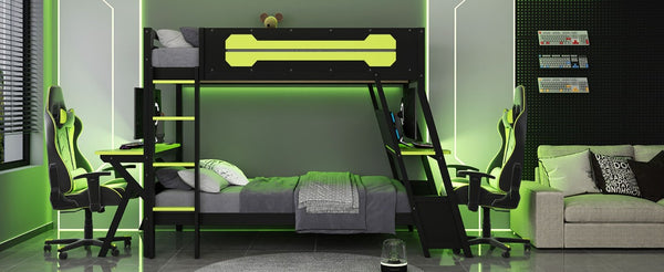English Elm Twin Gaming Bunk Bed with Dual Desks USB Charging Ports and Pegboard Storage Green LT000273AAG