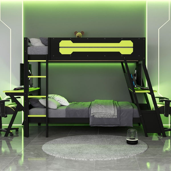 English Elm Twin Gaming Bunk Bed with Dual Desks USB Charging Ports and Pegboard Storage Green LT000273AAG