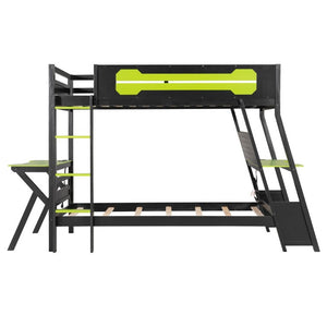 English Elm Twin Gaming Bunk Bed with Dual Desks USB Charging Ports and Pegboard Storage Green LT000273AAG