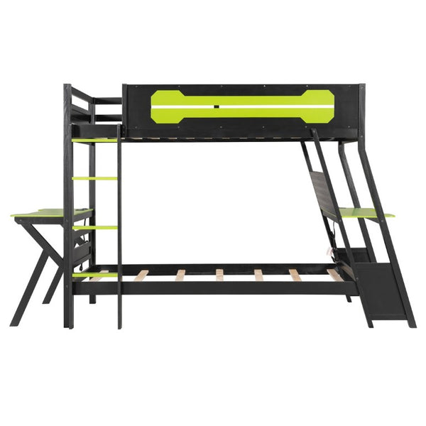 English Elm Twin Gaming Bunk Bed with Dual Desks USB Charging Ports and Pegboard Storage Green LT000273AAG