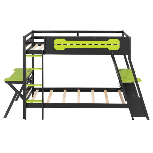 English Elm Twin Gaming Bunk Bed with Dual Desks USB Charging Ports and Pegboard Storage Green LT000273AAG