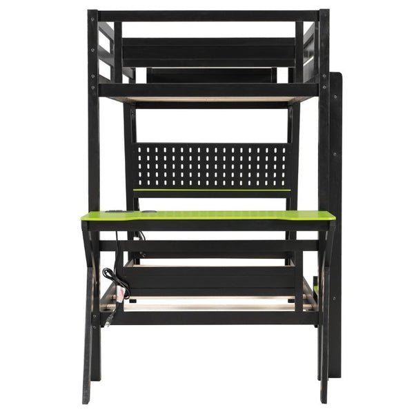 English Elm Twin Gaming Bunk Bed with Dual Desks USB Charging Ports and Pegboard Storage Green LT000273AAG