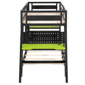 English Elm Twin Gaming Bunk Bed with Dual Desks USB Charging Ports and Pegboard Storage Green LT000273AAG