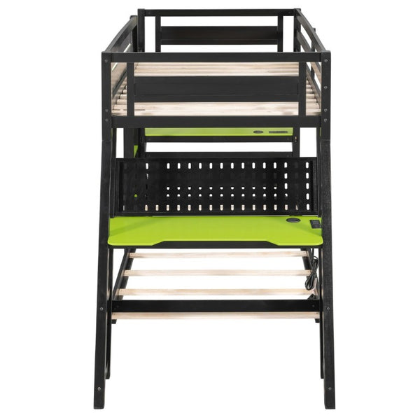 English Elm Twin Gaming Bunk Bed with Dual Desks USB Charging Ports and Pegboard Storage Green LT000273AAG