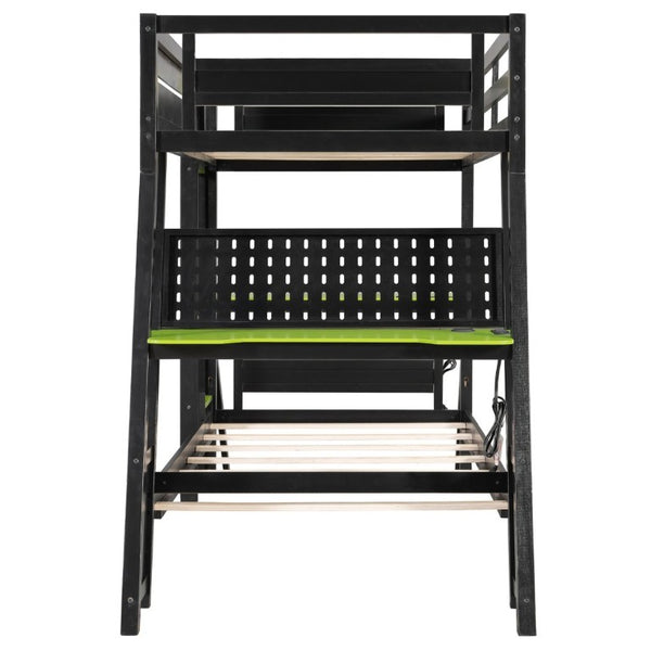 English Elm Twin Gaming Bunk Bed with Dual Desks USB Charging Ports and Pegboard Storage Green LT000273AAG