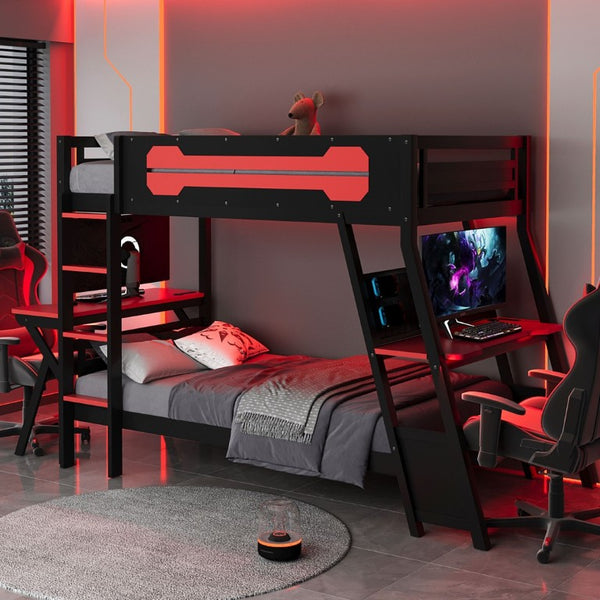 English Elm Twin Gaming Bunk Bed with Dual Desks USB Charging Ports and Pegboard Storage Red LT000273AAR