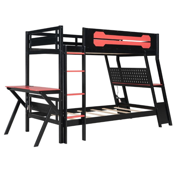 English Elm Twin Gaming Bunk Bed with Dual Desks USB Charging Ports and Pegboard Storage Red LT000273AAR