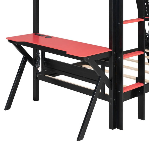 English Elm Twin Gaming Bunk Bed with Dual Desks USB Charging Ports and Pegboard Storage Red LT000273AAR