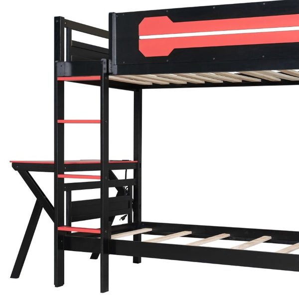 English Elm Twin Gaming Bunk Bed with Dual Desks USB Charging Ports and Pegboard Storage Red LT000273AAR