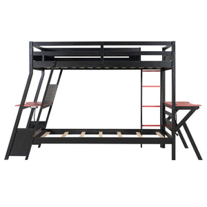 English Elm Twin Gaming Bunk Bed with Dual Desks USB Charging Ports and Pegboard Storage Red LT000273AAR