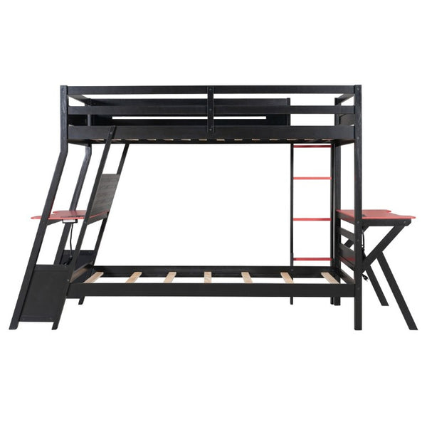 English Elm Twin Gaming Bunk Bed with Dual Desks USB Charging Ports and Pegboard Storage Red LT000273AAR