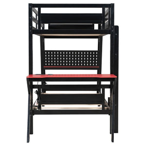 English Elm Twin Gaming Bunk Bed with Dual Desks USB Charging Ports and Pegboard Storage Red LT000273AAR