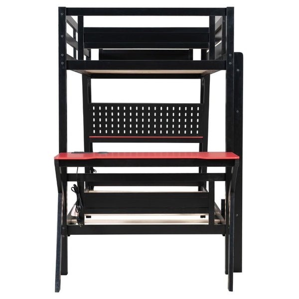 English Elm Twin Gaming Bunk Bed with Dual Desks USB Charging Ports and Pegboard Storage Red LT000273AAR
