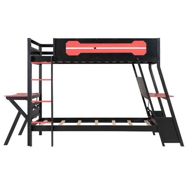 English Elm Twin Gaming Bunk Bed with Dual Desks USB Charging Ports and Pegboard Storage Red LT000273AAR
