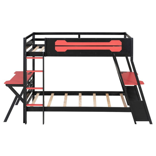 English Elm Twin Gaming Bunk Bed with Dual Desks USB Charging Ports and Pegboard Storage Red LT000273AAR
