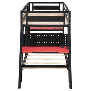 English Elm Twin Gaming Bunk Bed with Dual Desks USB Charging Ports and Pegboard Storage Red LT000273AAR