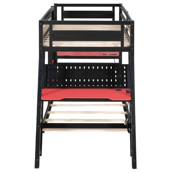 English Elm Twin Gaming Bunk Bed with Dual Desks USB Charging Ports and Pegboard Storage Red LT000273AAR