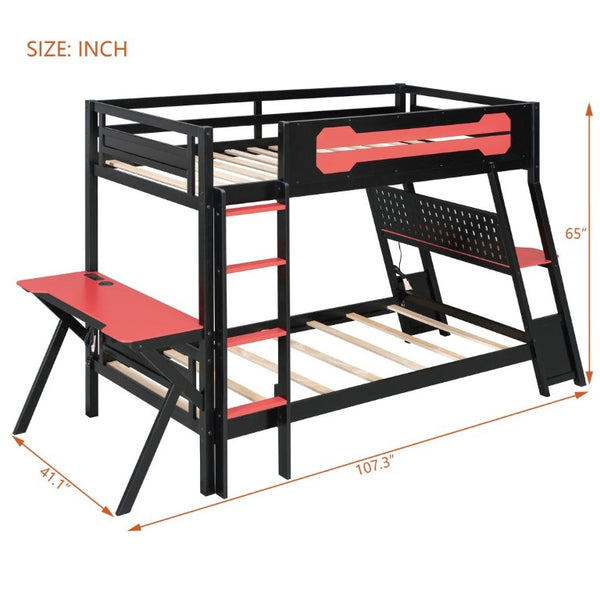 English Elm Twin Gaming Bunk Bed with Dual Desks USB Charging Ports and Pegboard Storage Red LT000273AAR