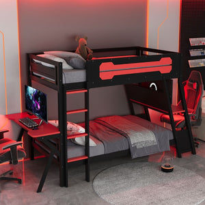 English Elm Twin Gaming Bunk Bed with Dual Desks USB Charging Ports and Pegboard Storage Red LT000273AAR