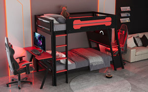 English Elm Twin Gaming Bunk Bed with Dual Desks USB Charging Ports and Pegboard Storage Red LT000273AAR