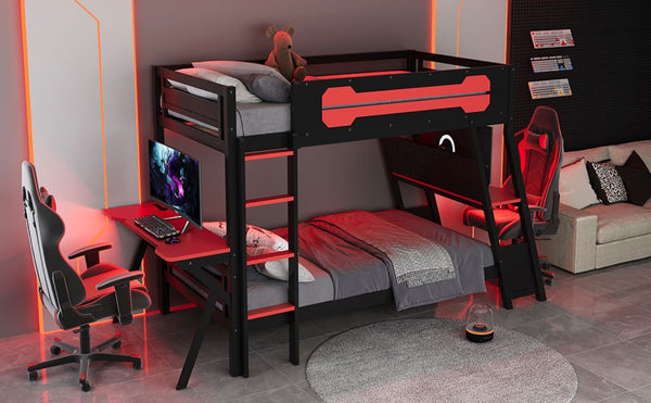 English Elm Twin Gaming Bunk Bed with Dual Desks USB Charging Ports and Pegboard Storage Red LT000273AAR