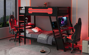 English Elm Twin Gaming Bunk Bed with Dual Desks USB Charging Ports and Pegboard Storage Red LT000273AAR