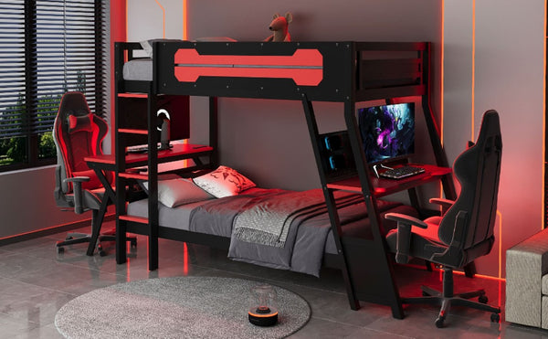 English Elm Twin Gaming Bunk Bed with Dual Desks USB Charging Ports and Pegboard Storage Red LT000273AAR