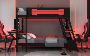 English Elm Twin Gaming Bunk Bed with Dual Desks USB Charging Ports and Pegboard Storage Red LT000273AAR