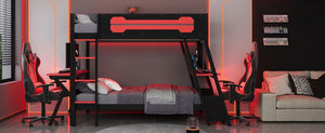 English Elm Twin Gaming Bunk Bed with Dual Desks USB Charging Ports and Pegboard Storage Red LT000273AAR