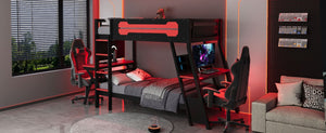 English Elm Twin Gaming Bunk Bed with Dual Desks USB Charging Ports and Pegboard Storage Red LT000273AAR
