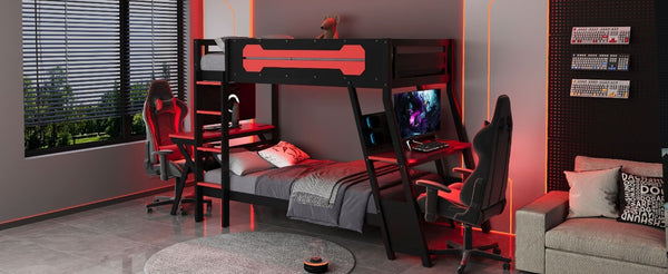 English Elm Twin Gaming Bunk Bed with Dual Desks USB Charging Ports and Pegboard Storage Red LT000273AAR