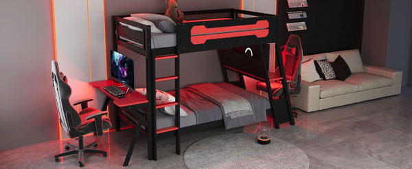 English Elm Twin Gaming Bunk Bed with Dual Desks USB Charging Ports and Pegboard Storage Red LT000273AAR