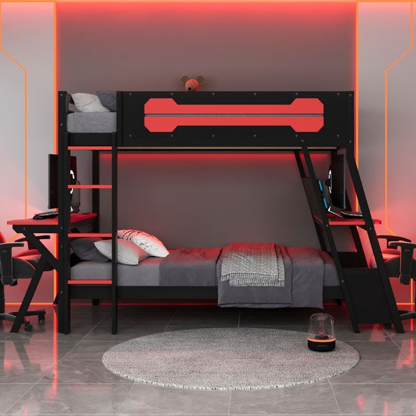 English Elm Twin Gaming Bunk Bed with Dual Desks USB Charging Ports and Pegboard Storage Red LT000273AAR